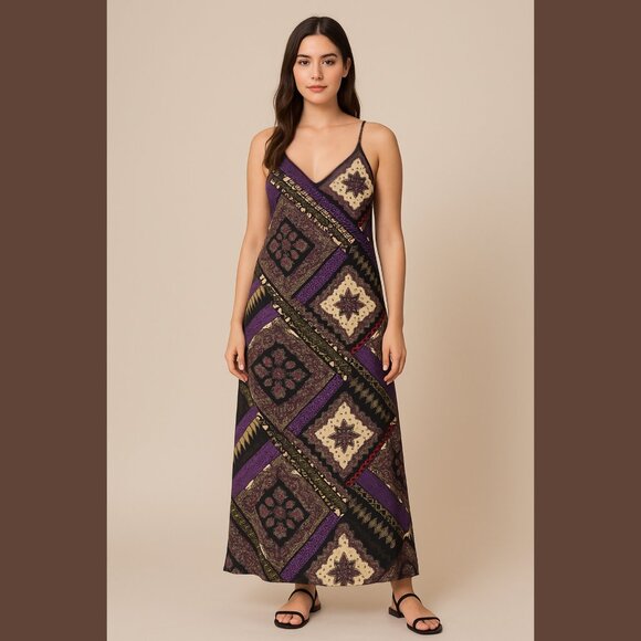 Jacaranda, Strappy Maxi Dress, Black/Purple/Red Paisley Bandana Print, Sz L - Picture 1 of 10